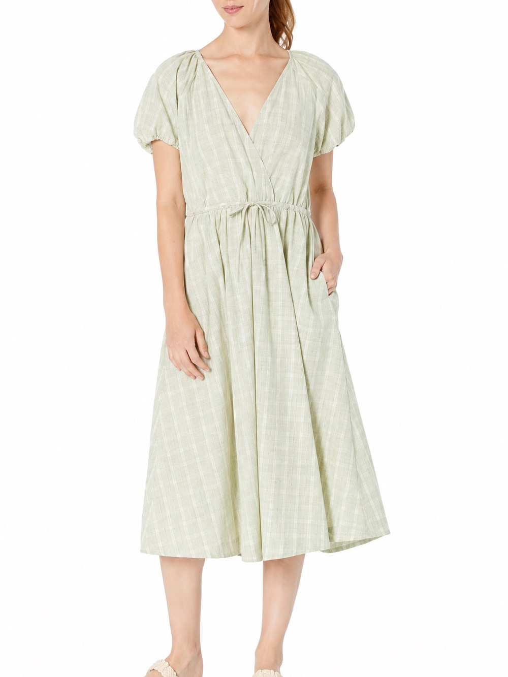 Madewell Light Green Plaid Puff Sleeve Dress